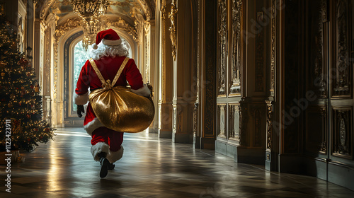 Santa carrying a glittering golden sack of gifts into an opulently decorated castle hall. photo