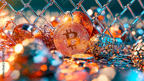 Bitcoin coins trapped behind fence, symbolizing economic barriers and tariffs. vibrant colors and reflections create striking visual representation of cryptocurrency