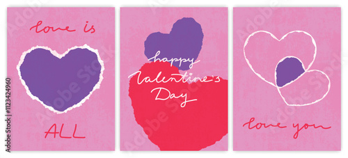Creative textured Valentine Day cards set with cut and torn paper hearts and hand drawn text. Vector love cover backgrounds, love card templates