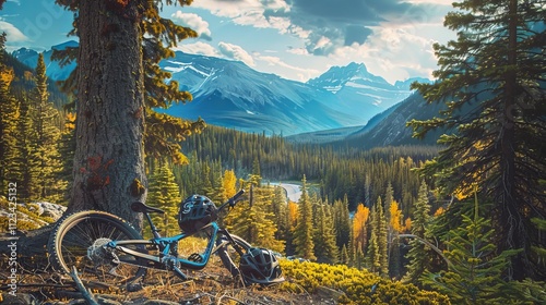 Adventure awaits  a mountain bike helmet and bike amidst a vibrant canadian forest landscape photo