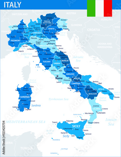 Italy Map Vector Blue Spot - Customizable layered political map of Italy with administrative divisions for website, education, reports, news, politics, print, poster and wallpaper