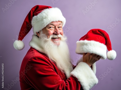 Joyful Santa Claus holding a Christmas hat against a soft purple backdrop during the festive holiday season