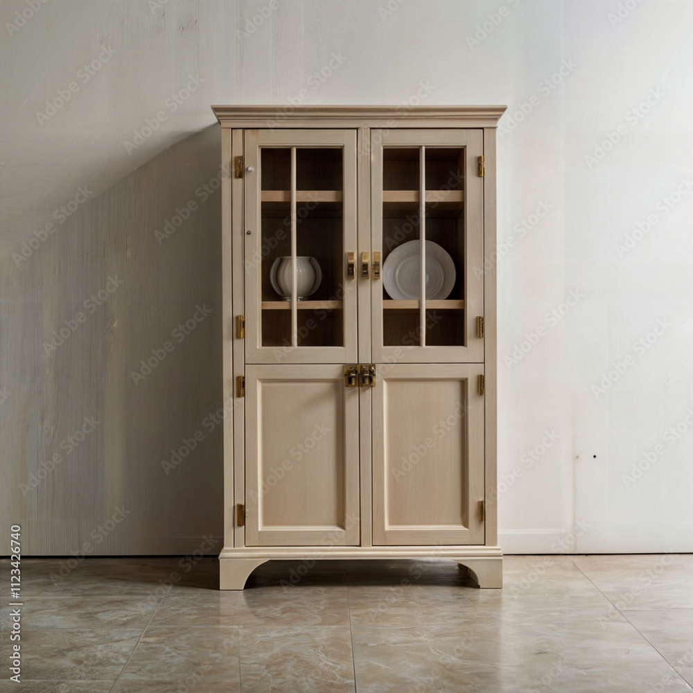 A tall cabinet with arched double doors, finished in matte beige with brass handles, standing against a white backdrop. A tall cabinet with arched double doors, finished in matte beige with brass handles, standing against a white backdrop.