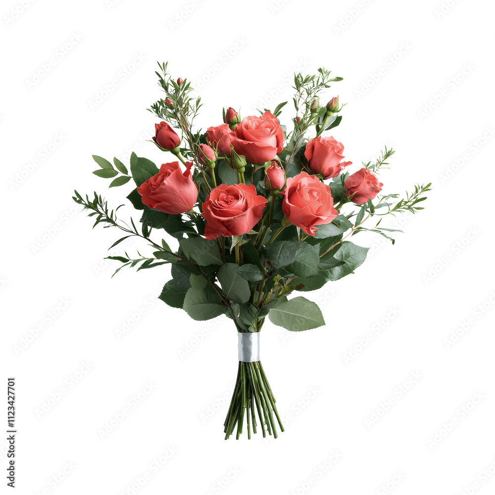 Obraz premium Beautiful bouquet of coral roses surrounded by green leaves, perfect for gifting or decoration.