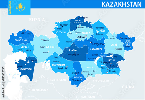 Kazakhstan Map Vector Blue Spot - Customizable layered political map of Kazakhstan with administrative divisions for website, education, reports, news, politics, print, poster and wallpaper
