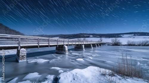 Snowcovered bridge under starry night sky serene winter scene photo