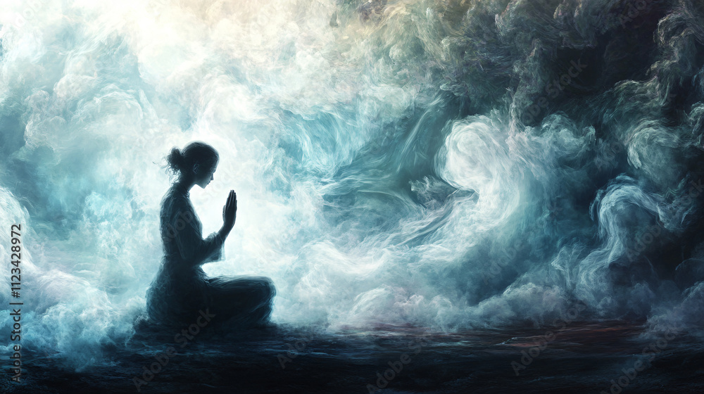 Obraz premium A figure kneeling on the ground in a dimly lit room, surrounded by shadows, symbolizing surrender and vulnerability.