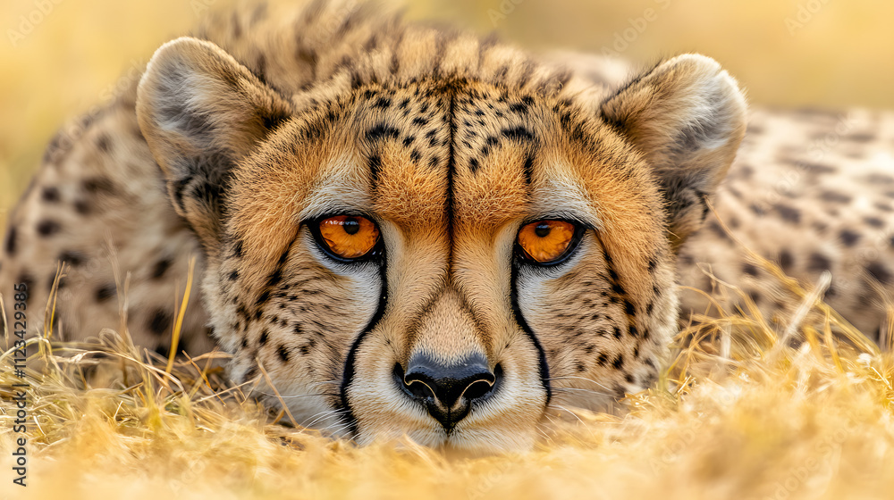 A cheetah lying in golden grass with its striking amber eyes staring intensely. A cheetah lying in golden grass with its striking amber eyes staring intensely.
