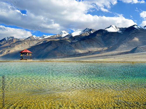 leh-ladakh landscape with pan gong lake, with blue and green water and blue sky.