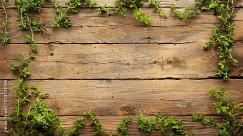 A rustic wooden background adorned with green vines creates a natural, fresh atmosphere perfect for design projects, presentations, or branding related to gardening, sustainability, and wellness, photo