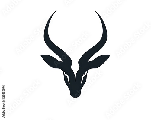 Elegant black vector antelope head logo with symmetrical design. White backdrop, minimalistic and clean with no shadows. Ultra HD quality. photo