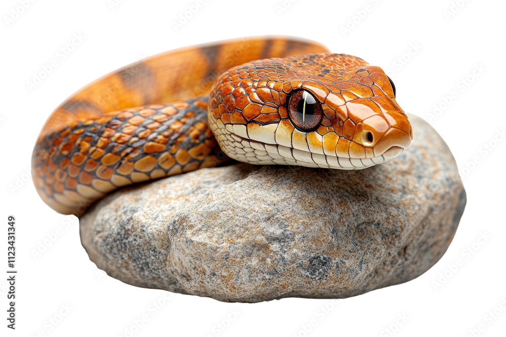Fototapeta premium A close-up of a colorful snake resting on a smooth rock, showcasing intricate patterns and vibrant colors against a white isolated background.