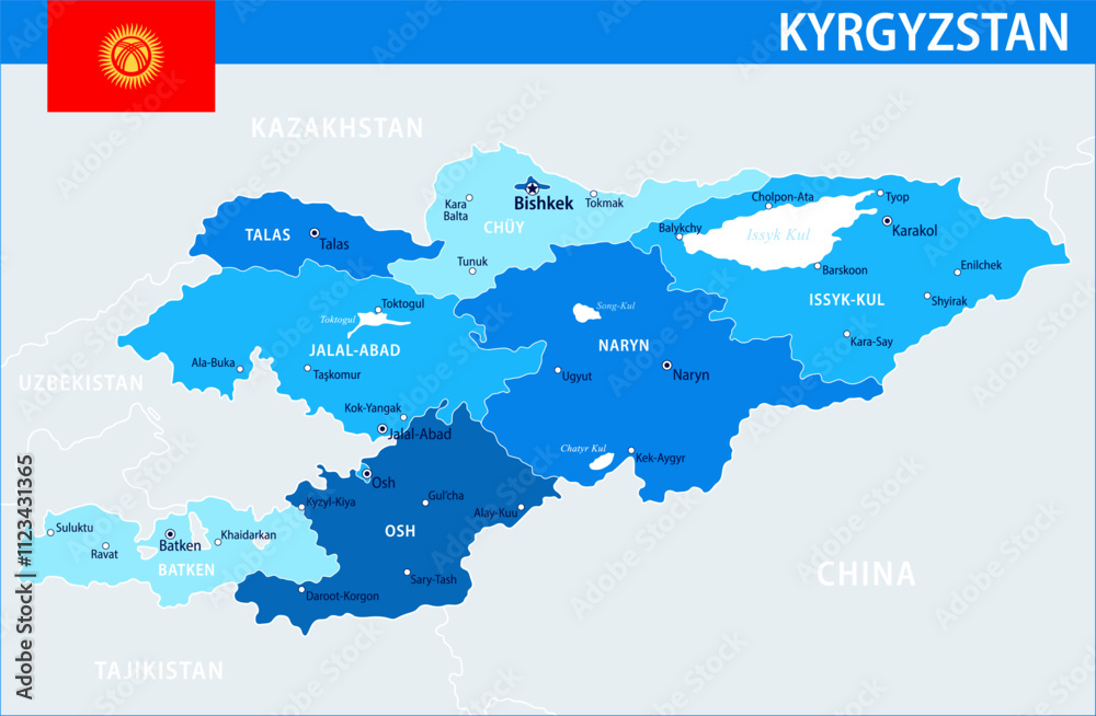 Obraz premium Kyrgyzstan Map Vector Blue Spot - Customizable layered political map of Kyrgyzstan with administrative divisions for website, education, reports, news, politics, print, poster and wallpaper