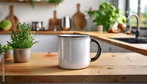 Wallpaper Mural Enamel mug displayed on wooden kitchen island surrounded by modern decor and greenery in contemporary kitchen. Generative AI Torontodigital.ca