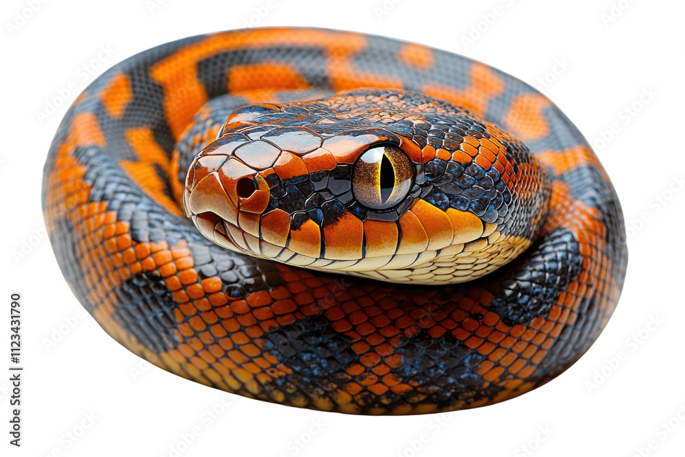 Fototapeta premium A close-up view of a vibrant, patterned snake showcasing its striking orange and black scales against a white isolated background.