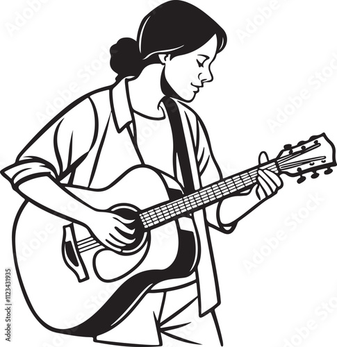 Woman Playing Acoustic Guitar Silhouette Vector Illustration