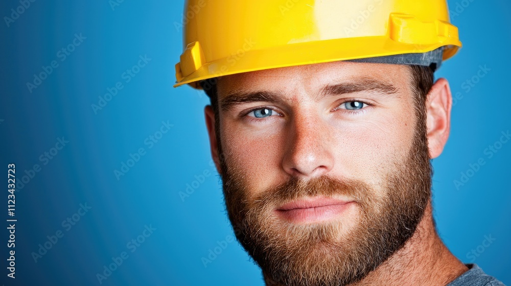 Construction worker portrait studio setting professional photography blue background focused expression skilled labor concept Construction worker portrait studio setting professional photography blue background focused expression skilled labor concept