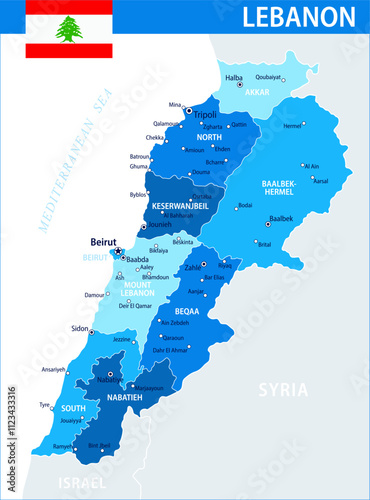Lebanon Map Vector Blue Spot - Customizable layered political map of Lebanon with administrative divisions for website, education, reports, news, politics, print, poster and wallpaper