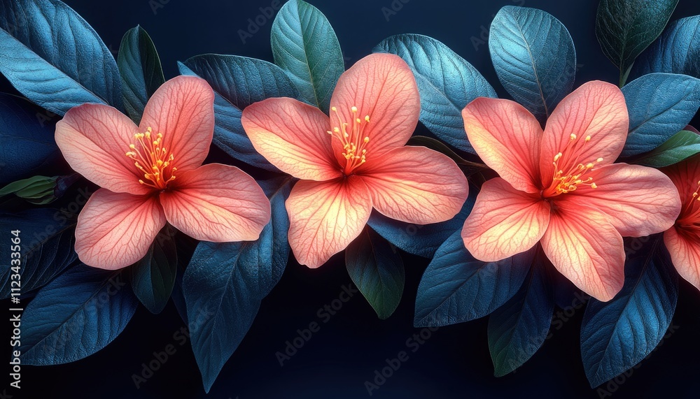 Obraz premium Three coral hibiscus flowers bloom amidst dark teal leaves. Perfect for beauty, spa, or nature themes.