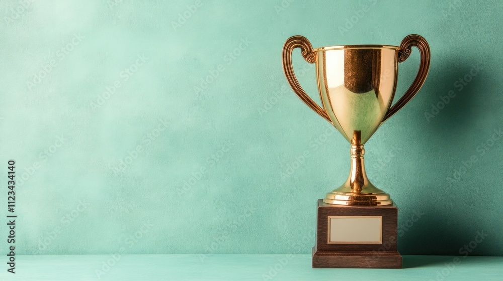 Gold Trophy on Teal Background Awaiting Engraving Gold Trophy on Teal Background Awaiting Engraving