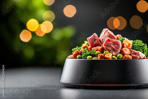 A vibrant bowl of fresh meat and vegetables, showcasing nutritious pet food against a softly lit background for a gourmet appeal. photo