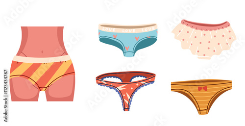 Woman panty tanga underpants underwear pants clothes isolated set. Vector graphic design illustration