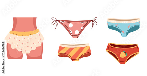 Woman panty tanga underpants underwear pants clothes isolated set. Vector graphic design illustration