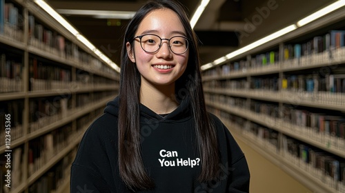 Student seeking assistance in library education setting portrait photography indoor environment eye-level perspective community engagement