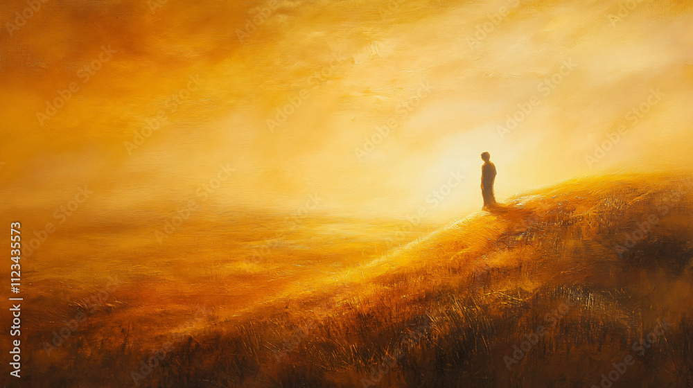 Fototapeta premium A figure lost in contemplation on a hill, as the sun casts a golden glow over the landscape.