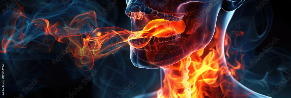 Fototapeta premium close-up, with a skull with a mouth of flames of fire, a burning esophagus on a black background, chronic inflammation of the stomach, reflux, heartburn disease