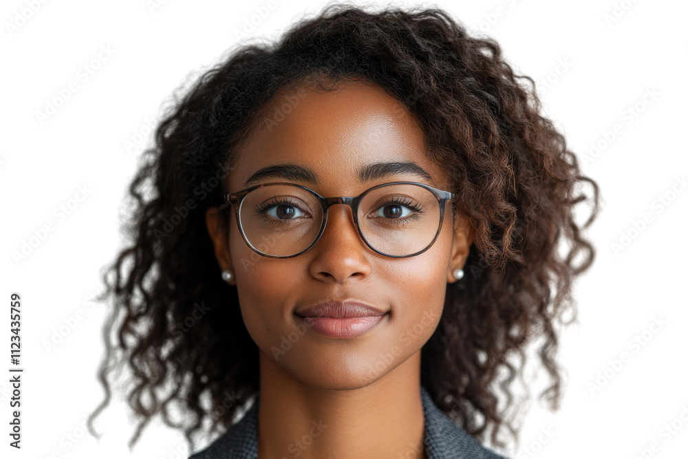 Obraz premium A confident young woman with curly hair and glasses, showcasing a thoughtful expression against a clean backdrop.