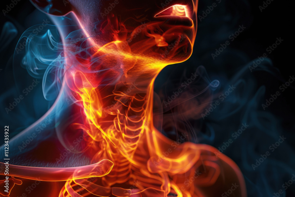 Fototapeta premium close-up, with a flame of fire in the mouth and throat, burning esophagus, chronic inflammation of the stomach, reflux, heartburn disease