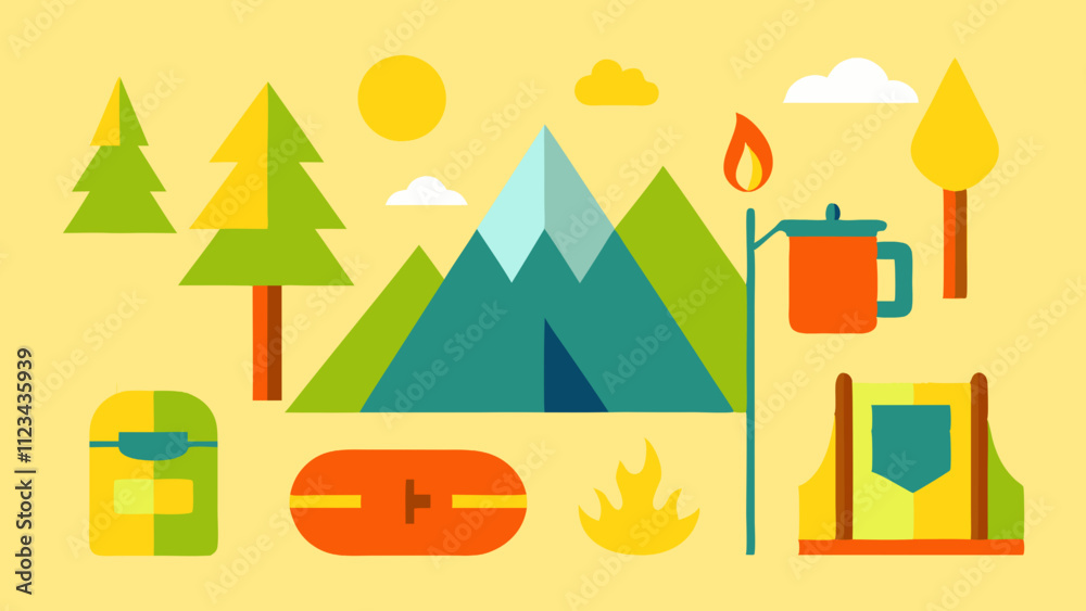 Fototapeta premium Camping in the forest. Vector illustration. Flat design style.