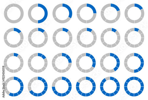Pie chart set, segmented circle icons, round split shape, circle diagram with sections or parts, fractions