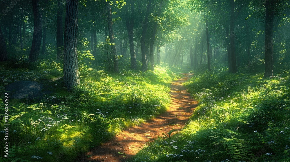 Fototapeta premium Sunlit path winds through lush green forest. Ideal for themes of nature, peace, journey.
