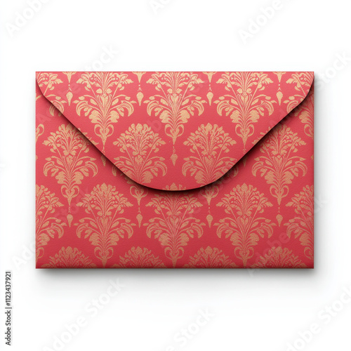 Elegant red envelope with intricate gold patterns, perfect for special occasions and celebrations. This design adds touch of luxury and sophistication to any event, isolated design on white background