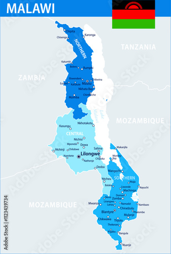 Malawi Map Vector Blue Spot - Customizable layered political map of Malawi with administrative divisions for website, education, reports, news, politics, print, poster and wallpaper