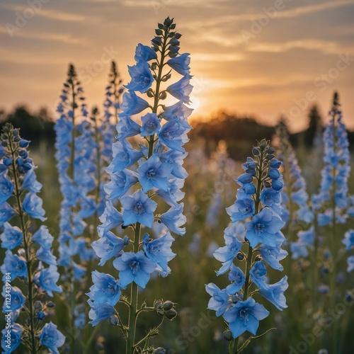 A pale blue delphinium against a soft-focus sunset sky.