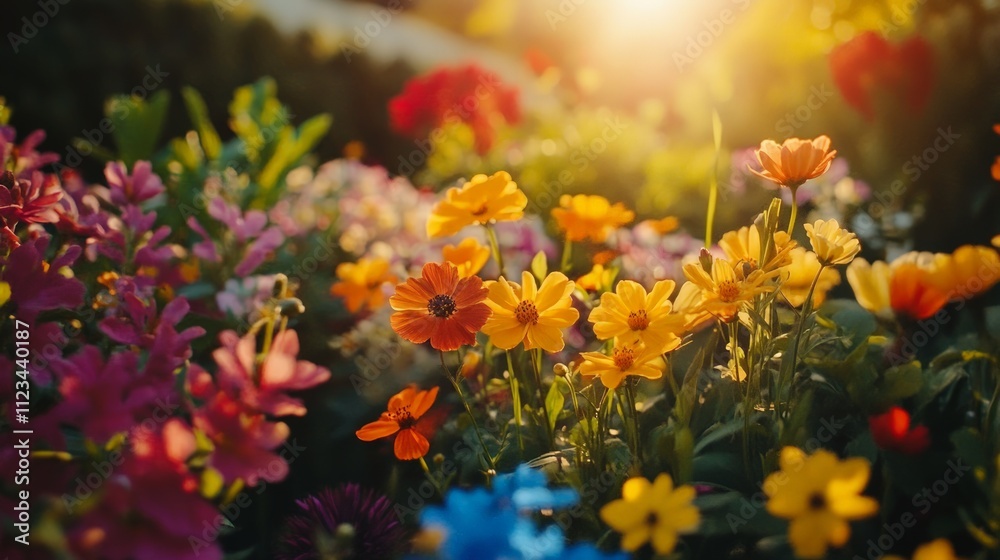 Fototapeta premium Vibrant Flower Garden, A lively garden bursting with a variety of flowers in full bloom, celebrating nature's beauty and the delightful art of gardening.