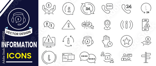 Information icon, vector set. Information Technology line icon set. Search information icon, customer help service, manual, rule, instruction line icon design. Vector illustrator.