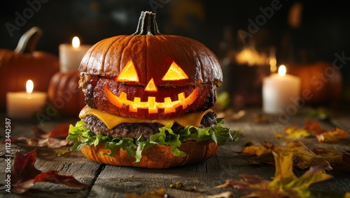 Spooky Halloween Jack-o'-lantern Burger Feast photo