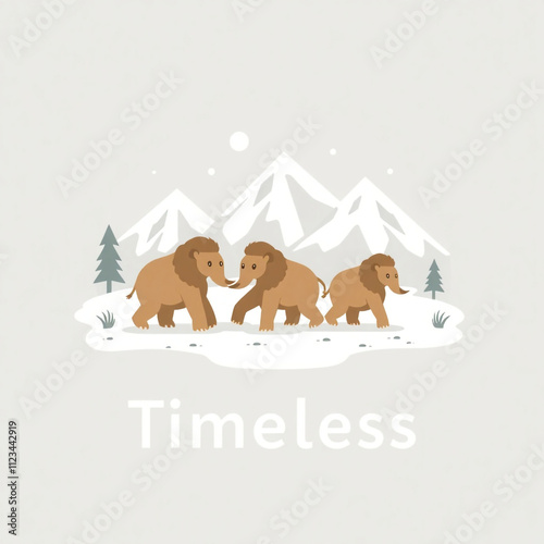 A group of three mammoths are walking through a snowy landscape. The scene is peaceful and serene, with the mountains in the background adding to the sense of tranquility