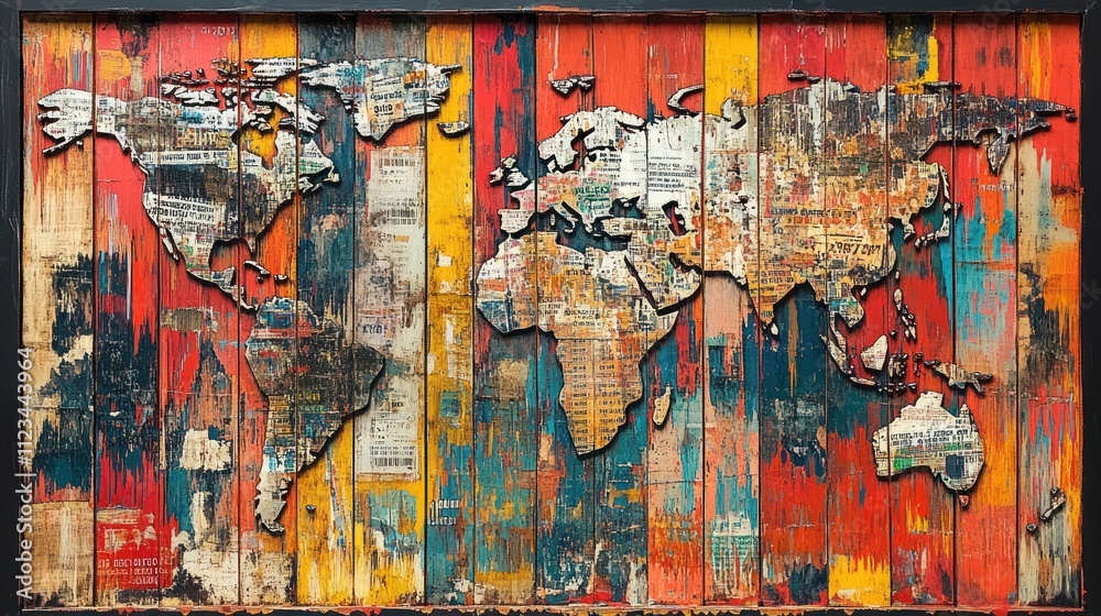 Obraz premium This wooden world map artwork features textured layers and vibrant colors that enhance any space
