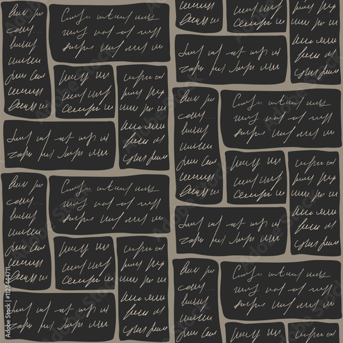 Scribble handwritten text seamless pattern. Unreadable letter geometric blocks endless background. Illegible note modular repeat cover. Vector hand drawn flat illustration.