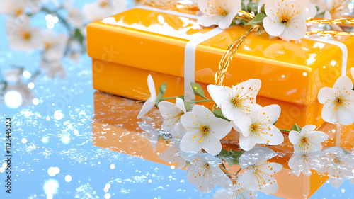 Bright yellow gift box adorned with white flowers, reflecting on shiny surface, creating cheerful and festive atmosphere