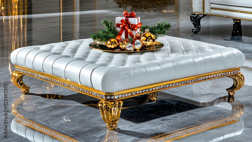 Elegant white and gold coffee table with Christmas decorations, featuring festive arrangement of ornaments and gift. Perfect for holiday decor
