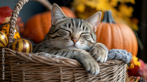 Cozy tabby cat resting in a fall-themed basket