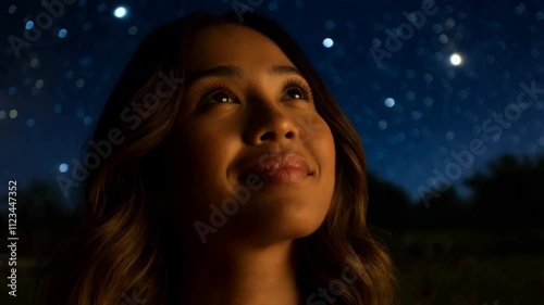 A Hispanic woman gazes at the twinkling stars, feeling the serene magic of the night in a peaceful outdoor environment