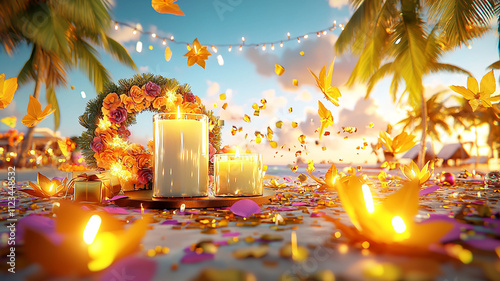 vibrant beach scene featuring candles, floral wreath, and festive decorations, creating warm and inviting atmosphere for celebrations