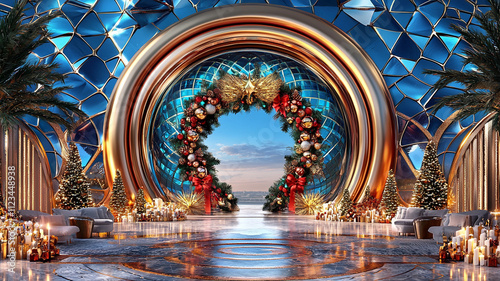 stunning entryway adorned with Christmas wreath, candles, and festive garlands creates warm holiday atmosphere. vibrant decorations and elegant design invite joy and celebration